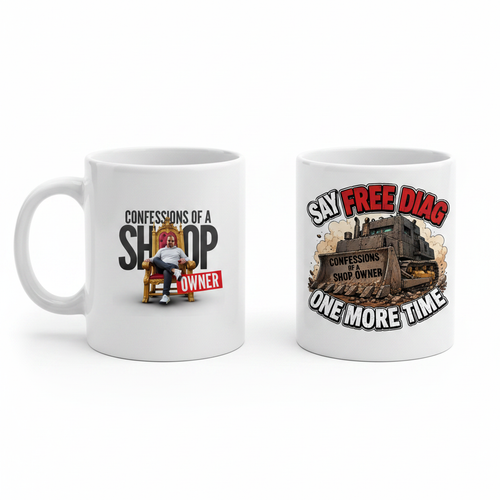 White coffee mug with Confessions of a Shop Owner logo on one side and bulldozer graphic on the other