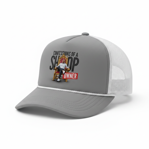 Gray and white trucker hat with thin rope brim and Confessions of a Shop Owner logo on front